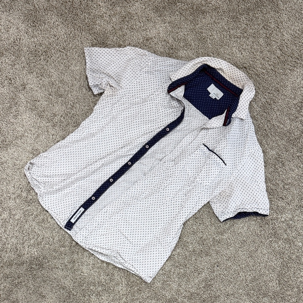 Men's White Short-Sleeve Button-Up Shirt with Navy Trim